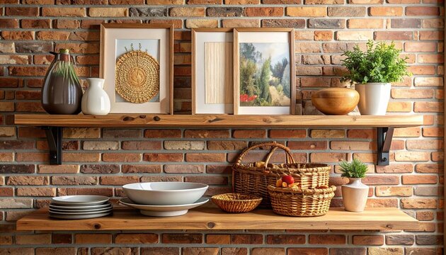Decorated wooden shelves against brick wall