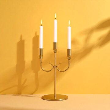 Golden candelabra with three white candles on table