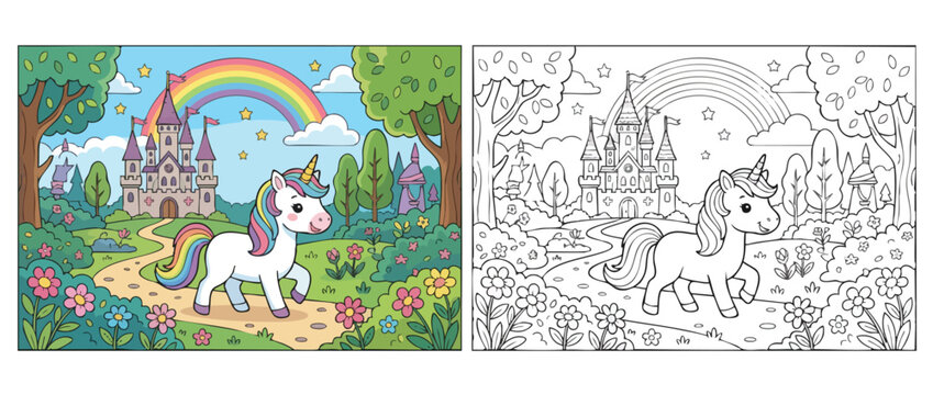 Cute Unicorn Walking in a Magical Forest with a Castle and Rainbow.
