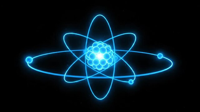 Glowing atomic structure with orbiting electrons against a dark background, representing science and energy.