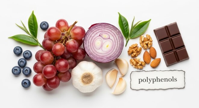 Polyphenols Rich Foods - Grapes, Blueberries, Onion, Garlic, Nuts, and Dark Chocolate.