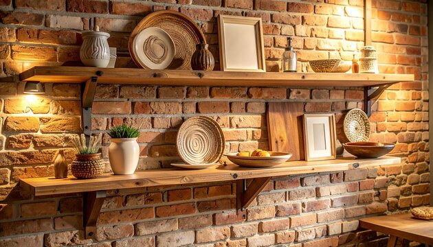 Decorated wooden shelves on brick wall