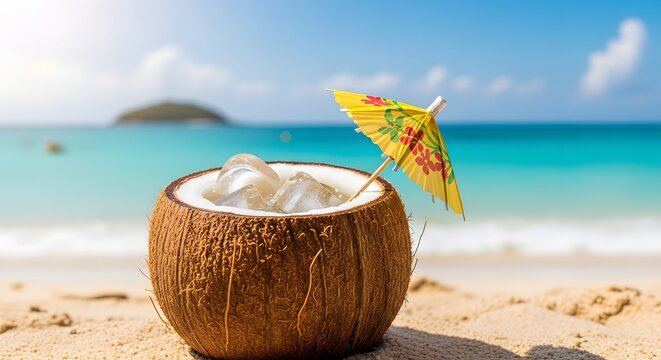Tropical coconut drink with vibrant umbrella on sandy beach 