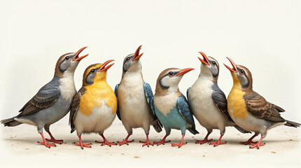 Fototapeta premium Group of colorful birds standing together on ground