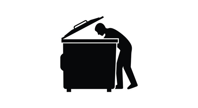 Man looking into an open dumpster a stark black silhouette