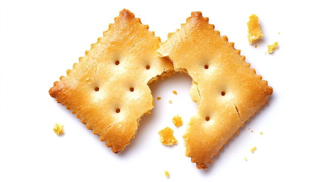 Close-Up of Cracked Golden-Brown Cracker with Bite Taken Out on White Background, Delicious Snack Food Ideal for Sharing or Enjoying Alone