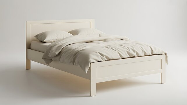 Modern white wooden bed with soft bedding isolated on white background for bedroom interior concept