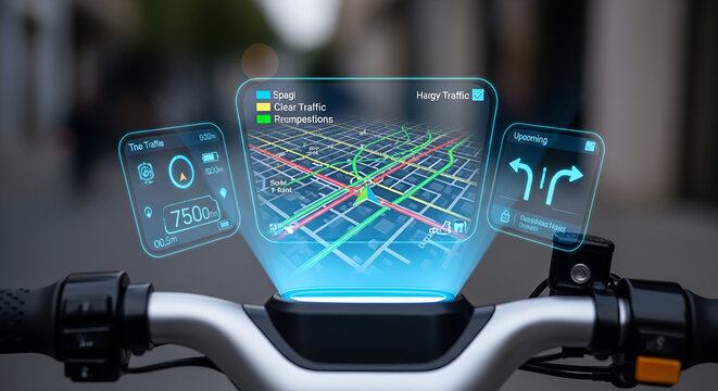 Close-up of futuristic bicycle handlebars with augmented reality navigation system and digital displays in a city setting.