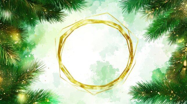 Festive design with a gold geometric frame surrounded by green pine branches