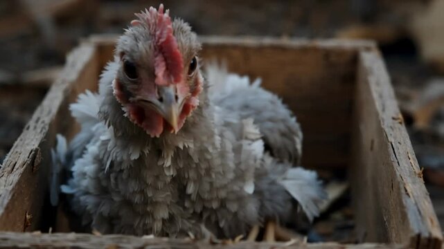Close-up of a sick grey chicken with ruffled feathers sitting in a wooden box, showing signs of respiratory distress with an open beak, unhealthy poultry on a rural farm setting.