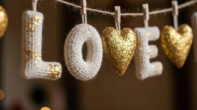 A close-up of a decorative string with white and gold letters and hearts hanging from it