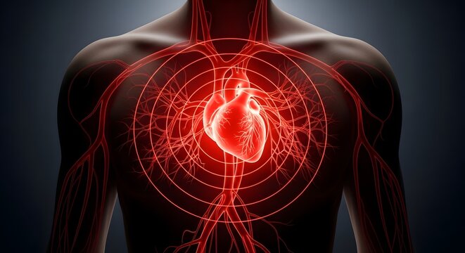 Hypertensive Crisis Concept with High Vascular Pressure and Glowing Heart Circulation Visualization