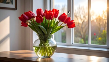 A vibrant bouquet of red tulips rests in a clear vase on a wooden surface, bathed in sunlight from a nearby window. The warm light illuminates the scene © Lepet