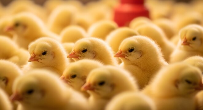 Golden‑toned photograph of a dense carpet of yellow chicks stretching into the distance, their fuzzy heads and tiny faces overlapping, symbolizing the abundance and vulnerability of baby poultry raise