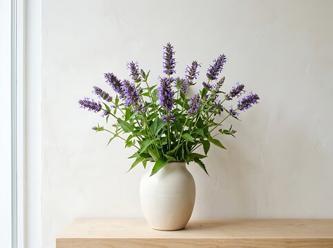 A beautiful arrangement of fresh purple agastache flowers in a minimalist white ceramic vase sitting on a light wooden table against a plain white wall