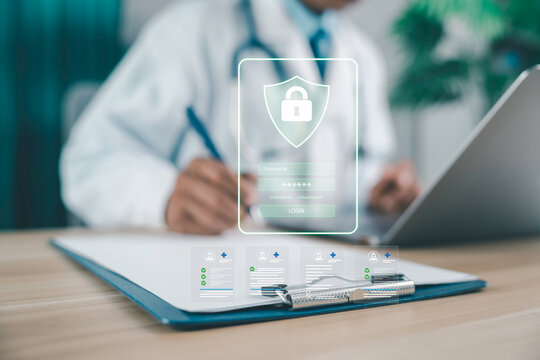 Doctor using tablet with digital security login interface, healthcare data protection, patient privacy, telemedicine technology, medical cybersecurity concept in modern clinic