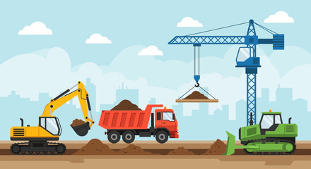 Construction Site with Excavator, Dump Truck, Bulldozer, and Crane Building City © Zahra