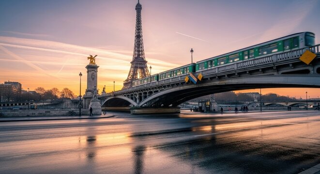 Parisian Sunset - Eiffel Tower and Train over the Seine River.