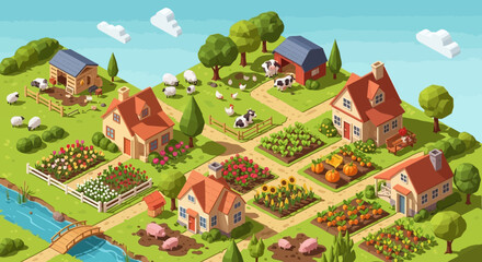 Isometric Farm Village Landscape with Houses, Animals, and Crops © Zahra