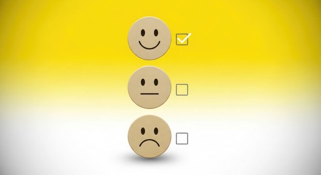 Happy neutral and sad face emoji icons with checkbox selection indicators on gradient background