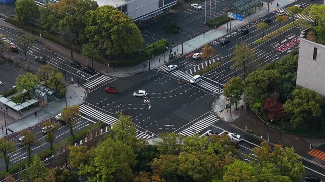 Aerial view of city intersection with traffic in Hiroshima