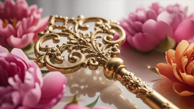 An ornate golden vintage key with highly detailed filigree and embossed floral patterns. This decorative metal skeleton key features intricate scrollwork and a polished gold finish.