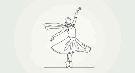 Minimalist line art of a ballerina en pointe with flowing scarf and dress © STwul