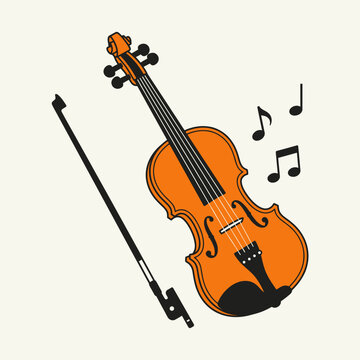A cartoon violin with a bow and music notes floating around it.
