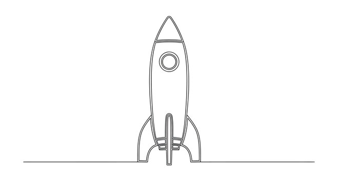 Minimalist line drawing of a rocket ship with fins and a round window