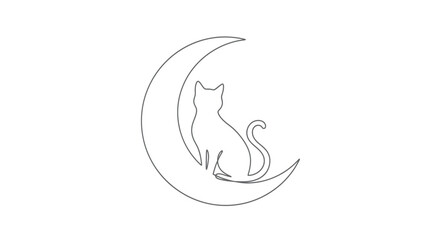 Naklejka premium A minimalist outline drawing of a cat sitting on a crescent moon