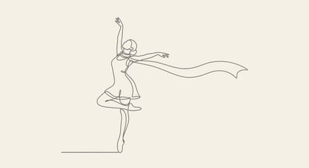 Elegant line art depicts a ballerina in a graceful pose with a flowing scarf © STwul