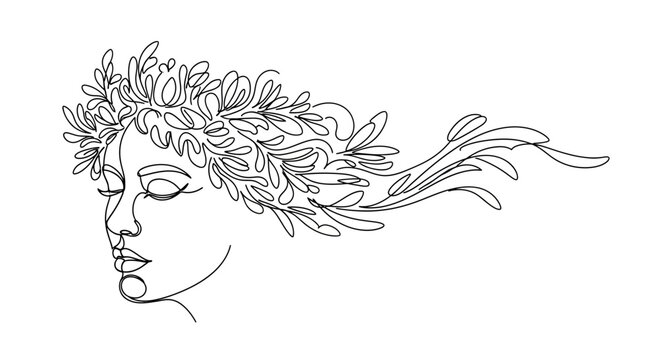 Minimalist line art portrait of a woman with flowing, floral hair