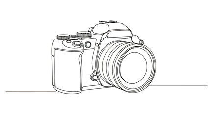 Detailed outline drawing of a single-lens reflex camera with a prominent lens © STwul
