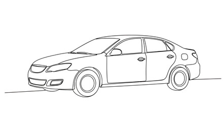 Naklejka premium Minimalist line drawing of a four-door sedan parked on a horizontal line