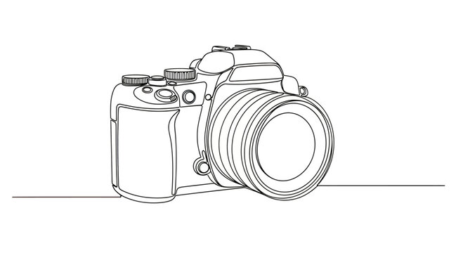 Detailed outline drawing of a single-lens reflex camera with a prominent lens
