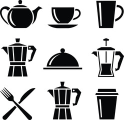 Obraz premium Set of black and white icons for coffee and tea service