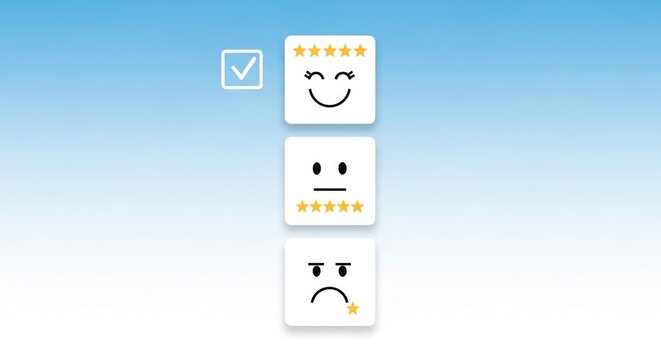 Set of three smiley face icons with star ratings showing happy satisfied customer feedback and one unhappy expression for reviews system design