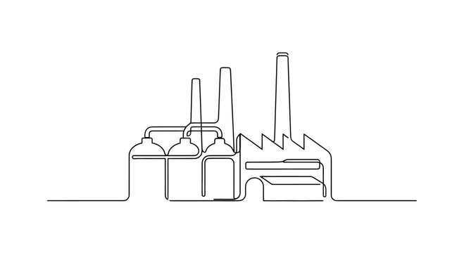 Minimalist line drawing of an industrial complex with multiple towers and tanks