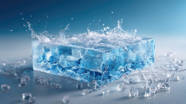 Ice block podium, melting ice texture, cold blue background, winter product display, fresh and cool concept, crystal clear 
