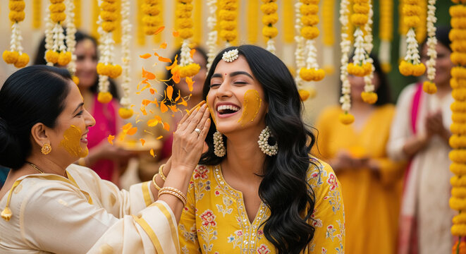 Joyful Indian Haldi Ceremony: Mother Applies Turmeric Paste