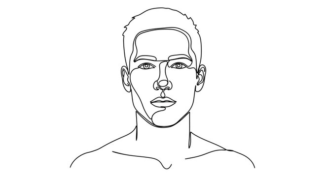 A minimalist one-line drawing of a young man's face and shoulders