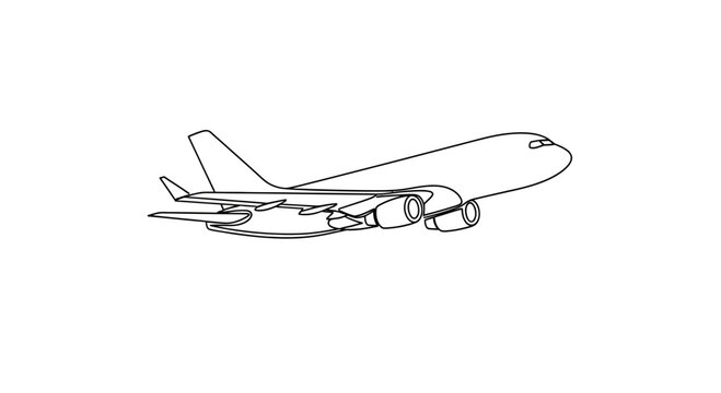 A simple, black outline drawing of a four-engine cargo plane in flight