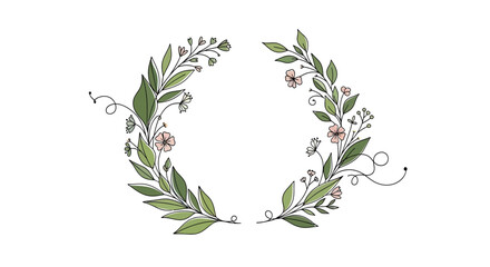 Delicate green leaves and pink flowers form a circular border with swirling vine accents © STwul