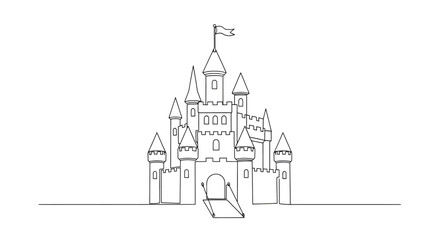 A minimalist line drawing of a fairytale castle with multiple towers and a flag © STwul