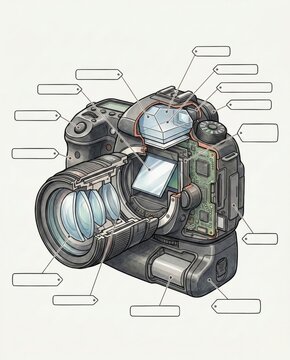 Detailed cutaway illustration of a DSLR camera with blank labels representing technical anatomy
