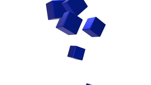 3d blue cubes falling down on white background video