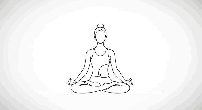 Single line drawing of person meditating in lotus pose with hands in mudra