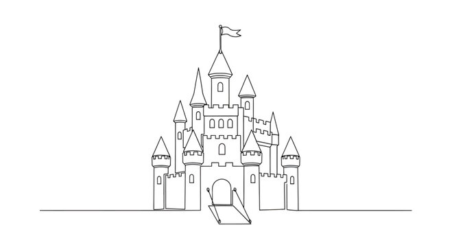 A minimalist line drawing of a fairytale castle with multiple towers and a flag