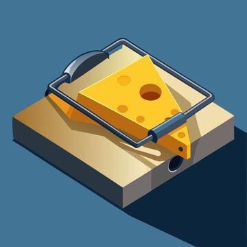 A 3d vector illustration of a mouse facing a food risk near a cheese trap object in a house