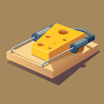 A 3d illustration of a mouse approaching a wooden trap with cheese bait, representing a business risk or incentive concept with metal equipment isolated on a yellow background